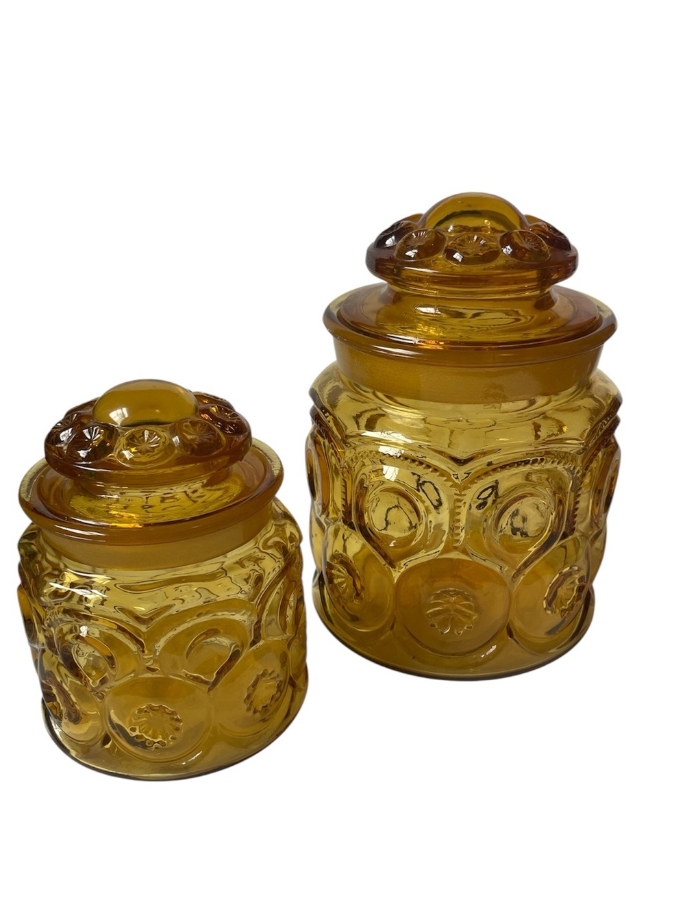 Vintage LE Smith Moon & Stars Canisters Amber Glass Set of 2 - 7”, 5”